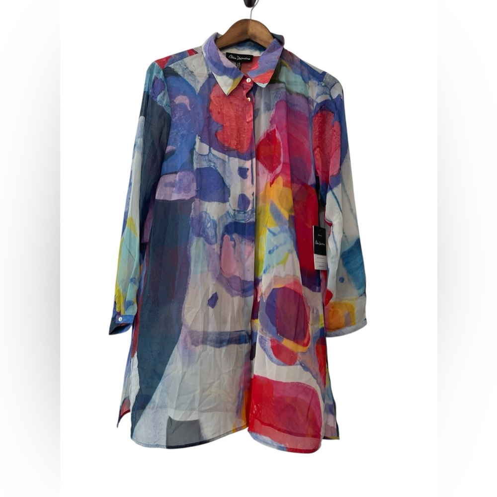 womens claire desjardin art to wear sheer button up tunic NWT Lagen Look Size L